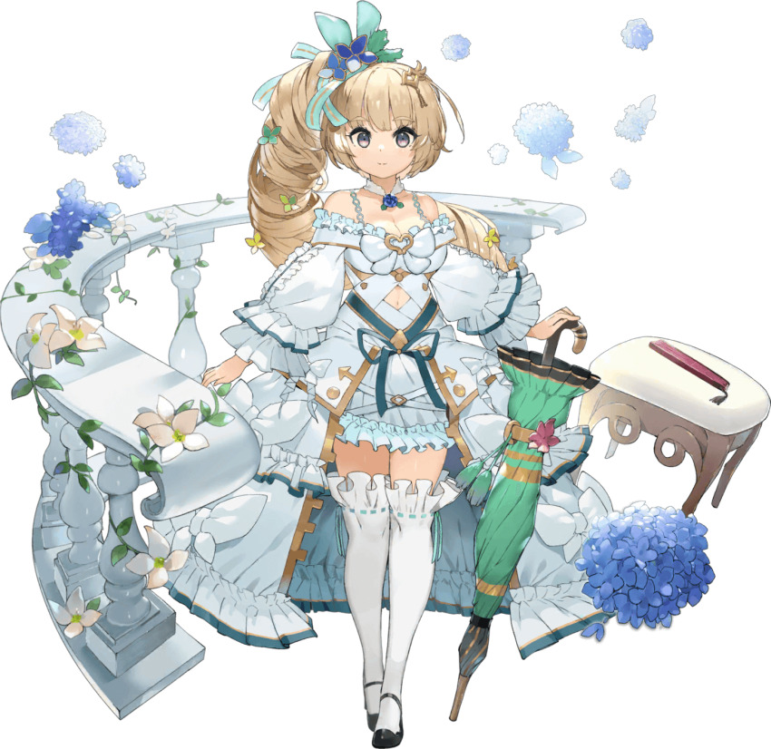 1girl bare_shoulders blonde_hair blue_flower breasts cleavage closed_mouth clothing_cutout collarbone dress drill_hair flower frills full_body girls_creation hair_ornament high_heels highres holding holding_umbrella large_breasts long_hair long_sleeves looking_at_viewer manet_(girls_creation) nauribon navel navel_cutout purple_eyes ribbon side_ponytail simple_background skirt smile solo thighhighs thighs transparent_background umbrella very_long_hair white_flower zettai_ryouiki