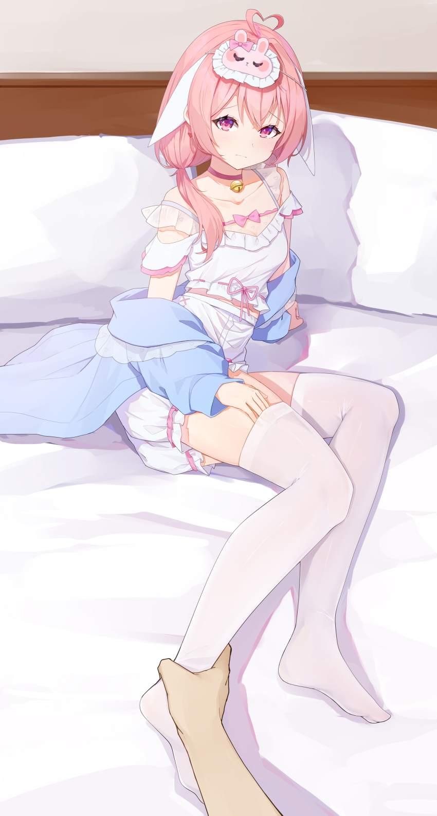 1girl absurdres ahoge animal_ears arm_support atsuishio bed_sheet bell blue_jacket bow breasts chinese_commentary choker collarbone commentary_request cropped_shirt earrings extra_ears eye_mask floating_earring floppy_ears frilled_shirt_collar frilled_shorts frilled_straps frills frown heart heart-shaped_pupils heart_ahoge heart_earrings high-waist_shorts highres indie_virtual_youtuber jacket jewelry jingle_bell leg_grab light_blue_jacket light_blush looking_at_viewer lop_rabbit_ears low_twintails lying mask medium_breasts medium_hair neck_bell no_shoes off-shoulder_shirt off_shoulder official_alternate_costume on_side pajamas pillow pink_bow pink_choker pink_eyes pink_hair pink_ribbon pov pov_hands puffy_shorts rabbit_ears rabbit_mask ribbon ribbon-trimmed_shirt ribbon_trim shirako_(vtuber) shirt shorts shy sidelocks sitting sleep_mask small_breasts solo symbol-shaped_pupils thighhighs twintails virtual_youtuber white_shirt white_shorts white_thighhighs yokozuwari