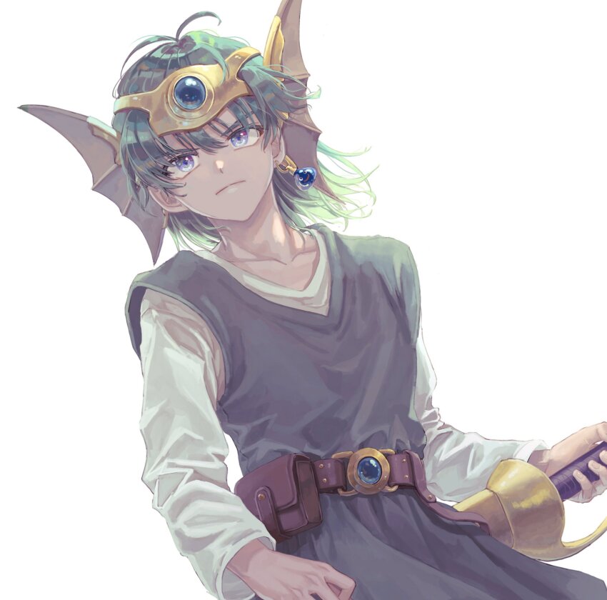 1boy belt belt_buckle blue_eyes blue_gemstone buckle circlet dragon_quest dragon_quest_iv earrings gem gold_circlet green_hair green_tunic head_wings hero_(dq4) highres holding holding_sword holding_weapon jewelry light_frown long_sleeves looking_at_viewer macho_ojiji male_focus medium_hair sheath sheathed single_earring solo sword tunic upper_body v-shaped_eyebrows weapon white_background white_sleeves wings