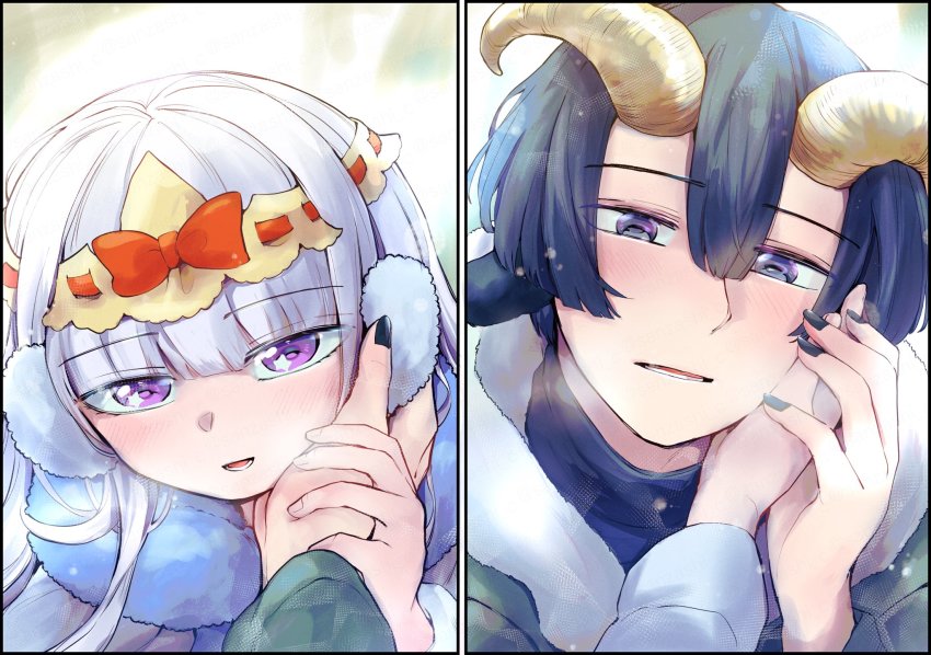 1boy 1girl alternate_costume animal_ears aurora_sya_lis_kaymin black_nails blue_eyes blue_hair blush breath commentary_request couple demon_cleric earmuffs goat_ears goat_horns hand_on_another&#039;s_face hetero highres horns jacket long_hair maou-jou_de_oyasumi nail_polish open_mouth purple_eyes purple_hair short_hair star-shaped_pupils star_(symbol) symbol-shaped_pupils winter_clothes yostuba0704