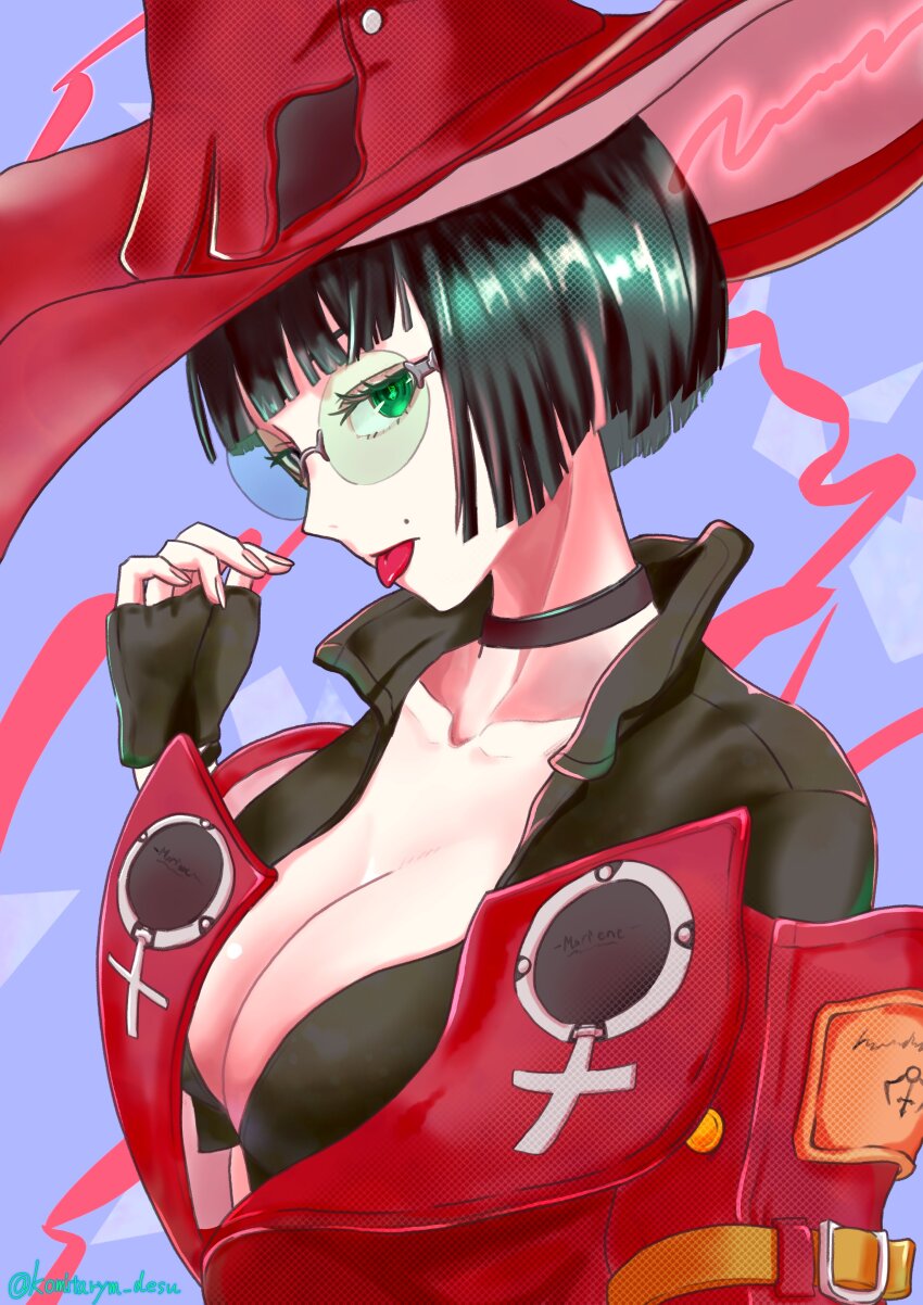 1girl arc_system_works black_hair breasts choker cleavage collarbone fingerless_gloves gloves green_eyes guilty_gear guilty_gear_strive hat i-no komitarym_desu large_breasts mole mole_above_mouth solo sunglasses tongue tongue_out witch_hat