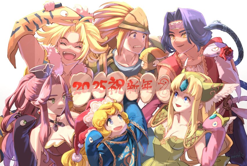 2025 3boys 3girls angela_(seiken_densetsu_3) animal_print armor bare_shoulders blonde_hair blue_gemstone blue_hair breasts brown_hair charlotte_(seiken_densetsu_3) chinese_zodiac cleavage clenched_teeth closed_mouth cross_tie curly_hair duran_(seiken_densetsu_3) fangs flower flower_in_mouth forehead_jewel gem green_eyes hat hawkeye_(seiken_densetsu_3) helmet highres kevin_(seiken_densetsu_3) medium_breasts mini_hat multiple_boys multiple_girls open_mouth parted_bangs ponytail purple_hair red_flower red_hat red_rose riesz rose santa_hat seiken_densetsu seiken_densetsu_3 shoulder_armor sidelocks smile sweatdrop taruneko2006 teeth tiger_print upper_body white_background winged_helmet year_of_the_snake