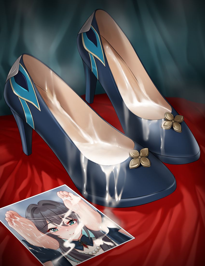 1girl absurdres barefoot bead_necklace beads black_hair blue_gloves blush cang_se_ye_hua closed_mouth cum cum_in_footwear cum_on_body cum_on_feet cum_string cumdrip eyelashes feet feet_out_of_frame foot_focus footwear_focus gloves green_eyes hair_between_eyes hair_intakes hands_up high_heels highres holding_own_foot honkai:_star_rail honkai_(series) jewelry looking_at_viewer necklace photo_(object) portrait ruan_mei_(honkai:_star_rail) shadow shoes sidelocks smile soles solo toes unworn_shoes