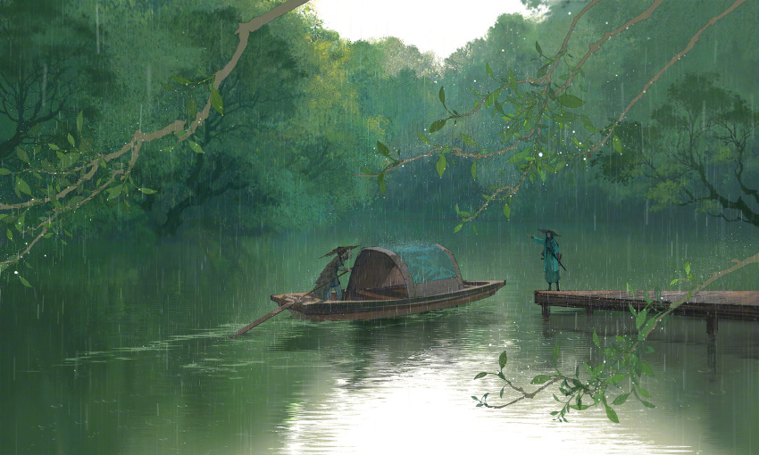 2boys boat chinese_clothes dock forest green_hanfu green_theme hanfu hat highres holding holding_oar ibuki_satsuki multiple_boys nature oar original outdoors rain scenery tree water watercraft