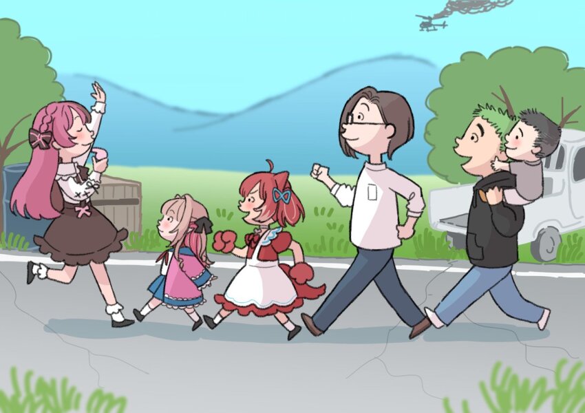 3boys 3girls aircraft akami_karubi animal_ears animal_hands apron arm_up black_hair black_hoodie blue_pants blue_skirt blue_sky blunt_bangs blurry blurry_background braid brown_hair brown_skirt carrying child closed_eyes closed_mouth clutch_fi colored_inner_hair commentary crown_braid day denim dress fuguta_masuo fuguta_sazae fuguta_tarao glasses gloves grass green_hair grey_shirt helicopter holding holding_whistle hood hood_down hoodie indie_virtual_youtuber isono_fune isono_katsuo isono_namihei isono_wakame jacket jeans kei_truck koze_niire long_bangs long_hair long_sleeves makaino_ririmu makaino_ririmu_(4th_costume) motor_vehicle mountainous_horizon multicolored_hair multiple_boys multiple_girls nijisanji open_mouth outdoors pants parody paw_gloves piggyback pink_hair pink_jacket pleated_skirt profile puffy_short_sleeves puffy_sleeves real_life red_dress red_hair road sazae-san school_uniform serafuku shirt short_hair short_sleeves side_braid skirt sky smile socks style_parody style_request symbol-only_commentary tachibana_hinano_(1st_costume) tachibana_hinano truck very_short_hair virtual_youtuber vspo! walking walking_backwards whistle white_apron white_shirt white_socks zeta_division