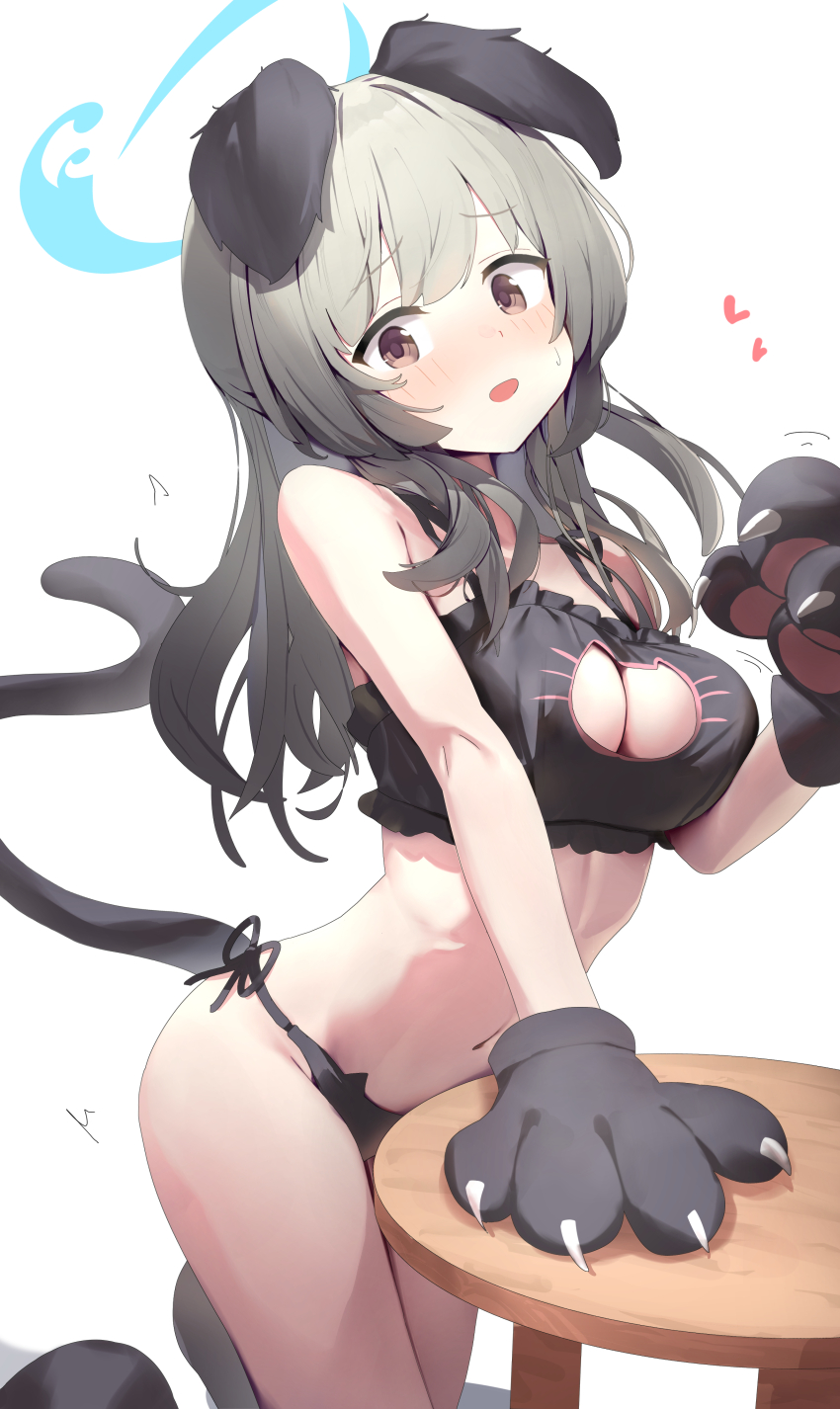 1girl absurdres alternate_costume animal_ears animal_hands black_hair black_panties blue_archive blue_halo blush breasts brown_eyes cat_cutout cat_lingerie cat_tail cleavage clothing_cutout commentary cowboy_shot dog_ears dog_girl fake_claws fake_tail floppy_ears furrowed_brow gloves gradient_hair grey_hair half_updo halo hand_on_table hand_up heart highres large_breasts long_hair looking_at_viewer meme_attire motion_lines multicolored_hair navel nose_blush open_mouth panties paw_gloves side-tie_panties simple_background smile solo stomach sweatdrop table tail umika_(blue_archive) underwear white_background yamada_auto