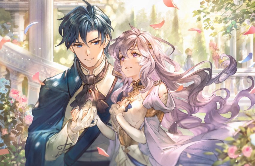 2boys 2girls blue_eyes blue_hair bomssp brown_hair deirdre_(fire_emblem) deirdre_(masquerade)_(fire_emblem) dress ethlyn_(fire_emblem) ethlyn_(masquerade)_(fire_emblem) fire_emblem fire_emblem:_genealogy_of_the_holy_war fire_emblem_heroes flower from_side highres holding_hands husband_and_wife long_hair long_sleeves multiple_boys multiple_girls nintendo parted_lips petals pink_hair purple_eyes purple_hair quan_(fire_emblem) quan_(masquerade)_(fire_emblem) short_hair sigurd_(fire_emblem) sigurd_(masquerade)_(fire_emblem)