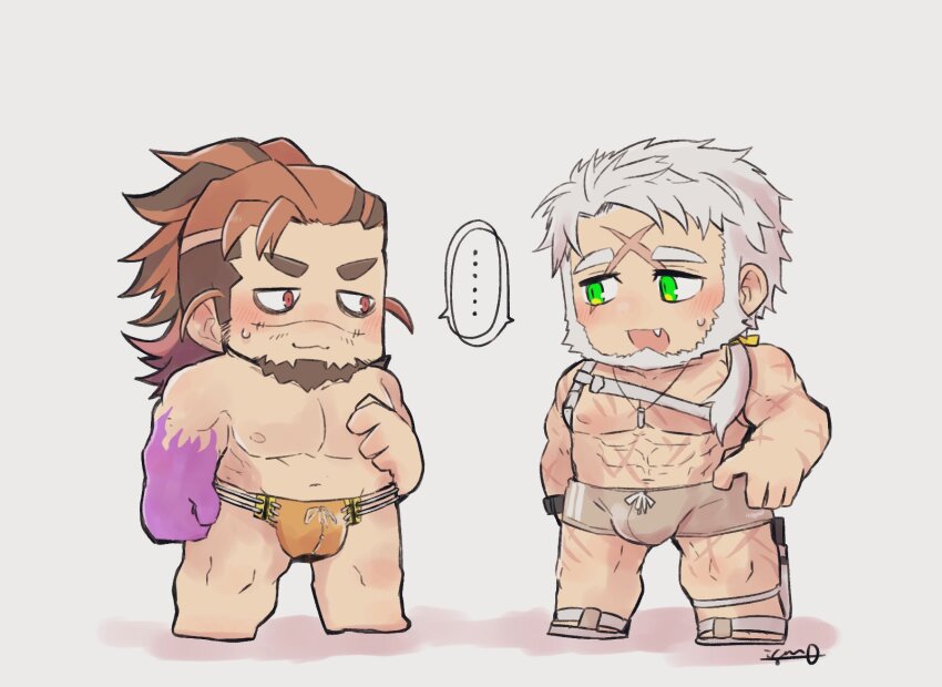 2boys bags_under_eyes bara beard boogeyman_(housamo) bullet_necklace colored_skin cross_scar facial_hair fangs goatee green_eyes highres igarashi_(igarashi_ta) kresnik_(housamo) male_swimwear mature_male multicolored_hair multiple_boys muscular muscular_male orange_male_swimwear purple_skin red_eyes scar scar_on_face scar_on_forehead sideburns sideburns_stubble stubble tokyo_houkago_summoners two-tone_hair