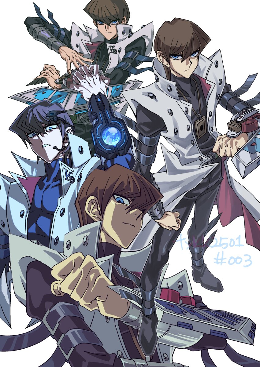 1boy absurdres black_pants black_shirt brown_hair card card_pendant clenched_hand coat deck_of_cards duel_disk duel_monster highres holding holding_card kaiba_seto male_focus multiple_views pants shirt simple_background skmkst trading_card white_background white_coat yu-gi-oh! yu-gi-oh!_the_dark_side_of_dimensions
