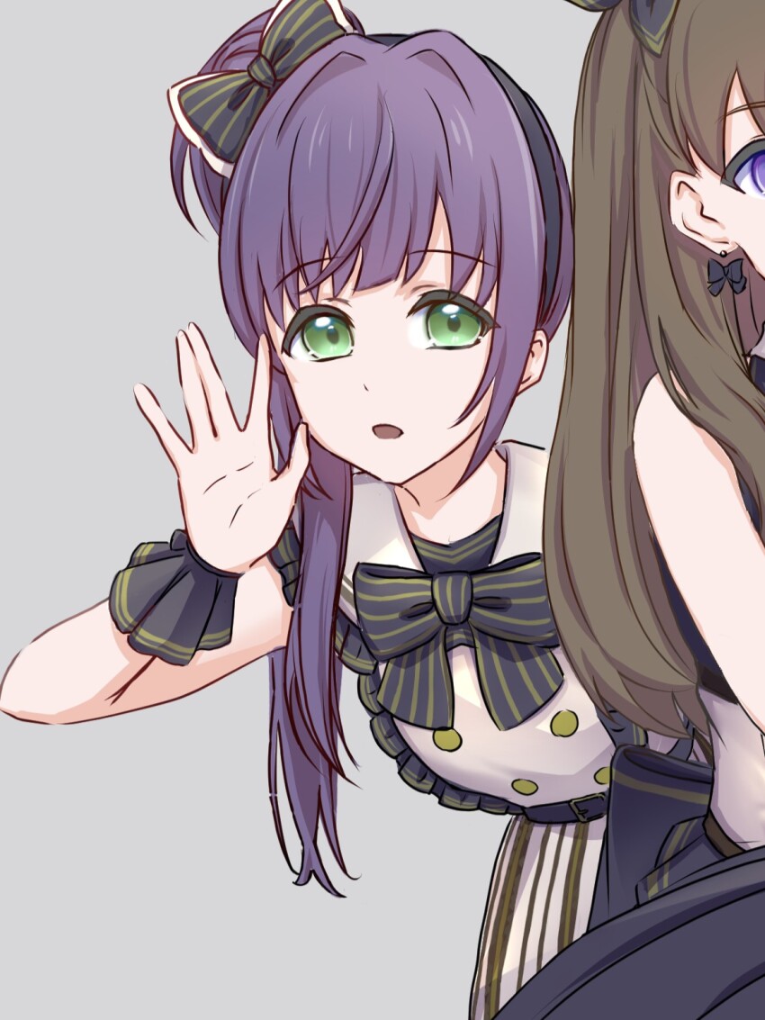 3girls black_bow black_bowtie black_hairband bow bowtie brown_hair buttons commentary double-breasted dress frilled_dress frills fujishima_megumi gradient_background green_eyes grey_background hair_bun hairband highres kannogi leaning_forward link!_like!_love_live! long_hair love_live! multiple_girls official_alternate_costume open_mouth otomune_kozue out_of_frame pinstripe_bow pinstripe_bowtie purple_eyes purple_hair sailor_collar sailor_dress side_ponytail sidelocks simple_background single_side_bun sleeveless sleeveless_dress solo_focus unfinished virtual_youtuber white_dress white_sailor_collar yugiri_tsuzuri yunokuni_girls!_(love_live!)