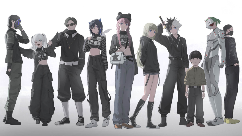 4girls 5boys ;d alternate_costume arm_behind_back bag bear_hat belt black_belt black_hair black_hat black_hoodie black_pants black_shirt blonde_hair blue_eyes blue_hair boots braid brown_footwear brown_hair character_request crop_top fox_mask full_body glasses grand_theft_auto grand_theft_auto_v grey_pants grey_shirt grey_skirt hanabusa_lisa hat highres hood hoodie ichinose_uruha indie_virtual_youtuber kamito_(vtuber) katana knee_boots lineup long_hair long_sleeves looking_at_viewer mask medium_hair midriff miniskirt multicolored_hair multiple_boys multiple_girls nekomugi_tororo nekoreito one_eye_closed open_mouth pants pink_hair purple_eyes rabbit rader_(streamer) round_eyewear shirt shoes shoulder_bag skirt skull_print smile sneakers split-color_hair standing streaked_hair striped_clothes striped_shirt stuffed_animal stuffed_rabbit stuffed_toy suspenders sword tachibana_hinano tonakaito twin_braids twintails two-tone_hair two-tone_shirt virtual_youtuber vspo! weapon white_footwear white_hair
