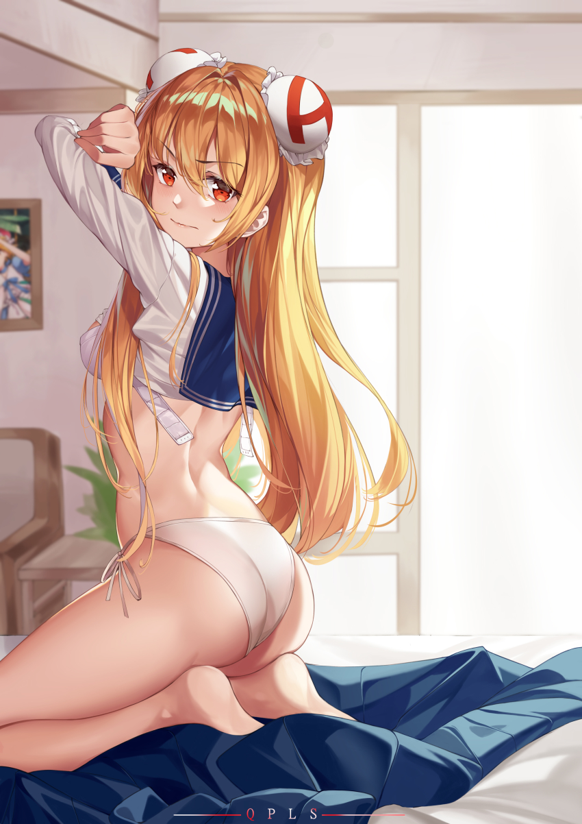1girl absurdres acfun acfun_girl arms_up artist_name ass back barefoot bed_sheet blush bra breasts bun_cover clothes_lift double_bun feet from_behind hair_between_eyes hair_bun hair_intakes highres indoors long_hair looking_at_viewer no_pants orange_eyes orange_hair panties qian_pu_liu_shang school_uniform seiza serafuku side-tie_panties sidelocks sitting skirt soles solo underwear undone_bra undressing unworn_skirt white_bra white_panties