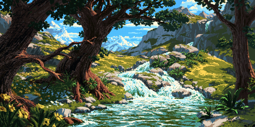 blue_sky cloud day forest grass highres hill landscape mountain mountainous_horizon nature no_humans original outdoors philipp_urlich pixel_art river scenery sky stream tree water