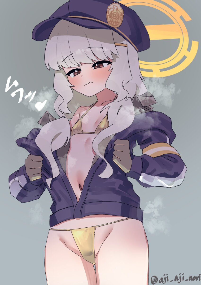 1girl aji_aji_nori aoba_(blue_archive) bikini blue_archive blush brown_gloves brown_shirt closed_mouth cowboy_shot flat_chest gloves gold_bikini grey_background grey_hair halo hat highres jacket long_hair navel open_clothes open_shirt purple_hat purple_jacket red_eyes shirt simple_background solo swimsuit yellow_halo