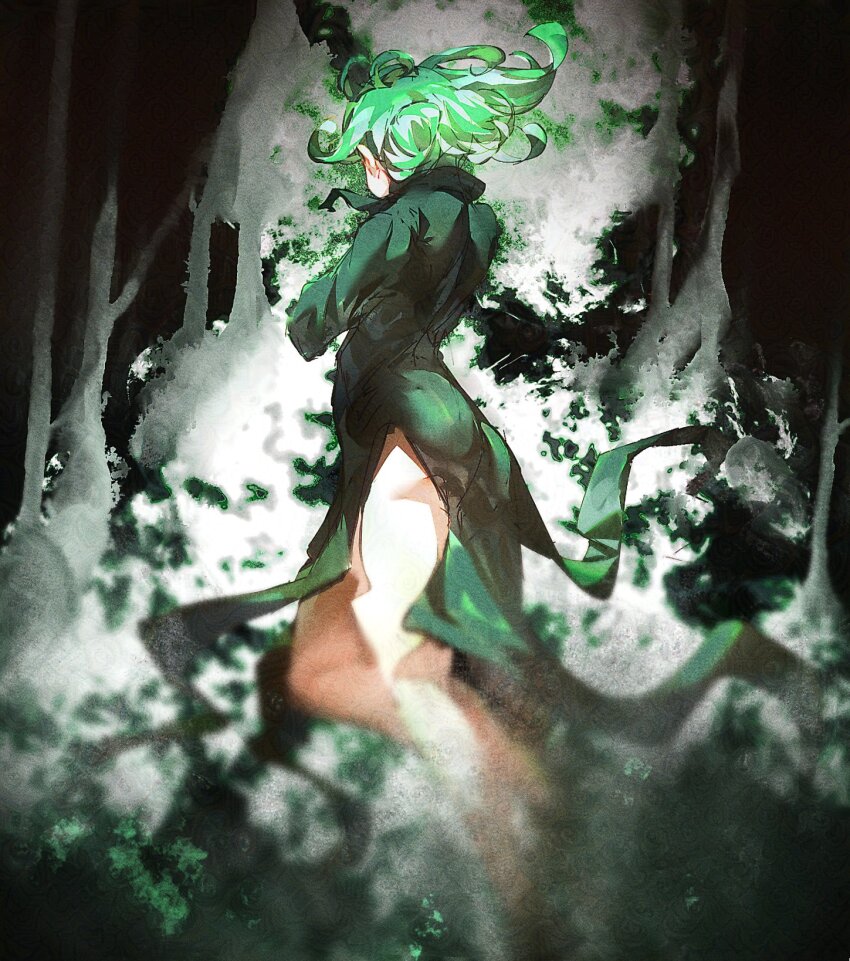 1girl adversarial_noise ass collared_dress commentary derivative_work dress english_commentary flipped_hair floating floating_hair from_side green_dress green_eyes green_hair highres one-punch_man screenshot_redraw short_hair side_slit solo stegart tatsumaki