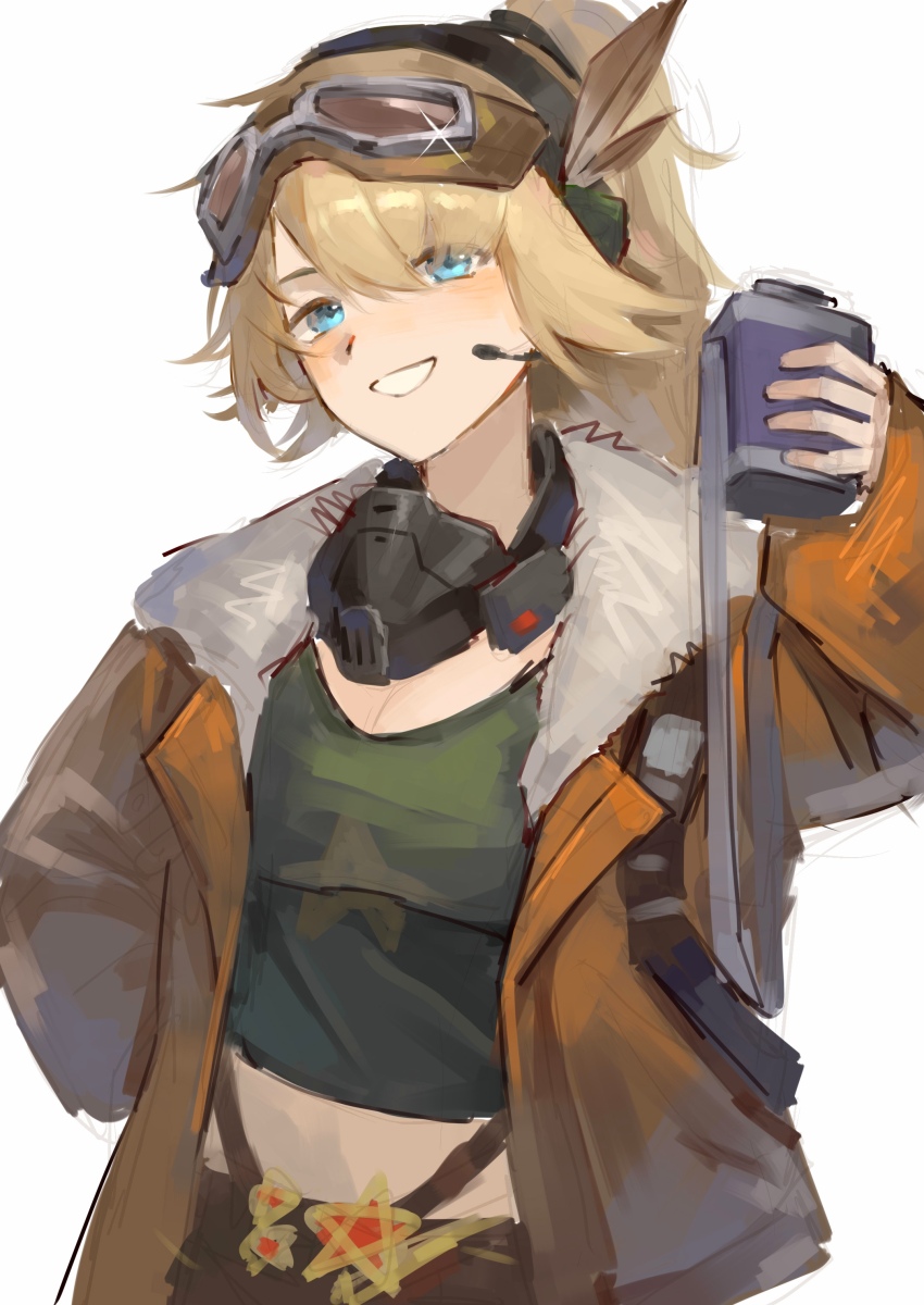 1girl absurdres blonde_hair blue_eyes brown_jacket canteen goggles goggles_on_head green_shirt grin hand_up headset highres holding_canteen jacket lilya_(reverse:1999) looking_at_viewer mask mask_around_neck midriff open_clothes open_jacket oxygen_mask ponytail ranla reverse:1999 shirt sketch smile solo upper_body white_background