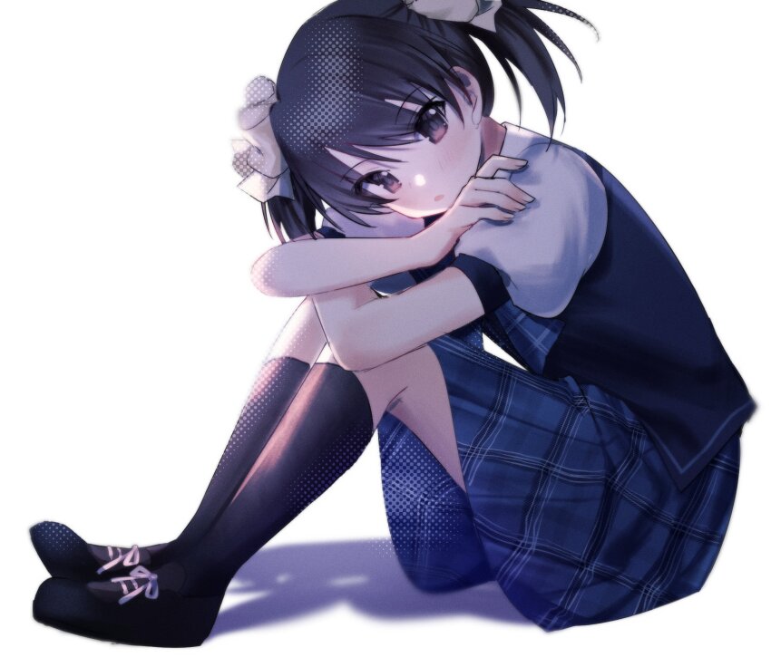 1girl black_eyes black_hair black_shoes black_socks black_vest blue_skirt blush bow commentary_request crossed_arms ever_17 eyes_visible_through_hair from_side full_body hair_between_eyes hair_bow highres kneehighs knees_up loafers looking_at_viewer matsunaga_sara medium_hair momokokuma plaid_clothes plaid_skirt puffy_short_sleeves puffy_sleeves shirt shoes short_sleeves simple_background sitting skirt socks solo twintails vest white_background white_shirt yellow_bow