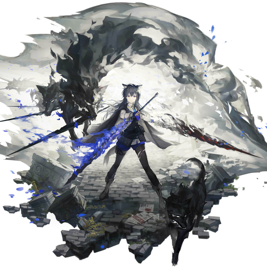 1girl animal_ears arknights black_coat black_hair black_pantyhose black_vest blue_gloves blue_necktie blue_shorts boots breasts coat coat_on_shoulders dual_wielding elite_ii_(arknights) fingerless_gloves full_body gloves highres holding holding_sword holding_weapon huanxiang_heitu long_hair long_sleeves looking_at_viewer medium_breasts necktie official_art orange_eyes pantyhose pantyhose_under_shorts shirt shorts solo standing sword texas_(arknights) texas_the_omertosa_(arknights) thigh_strap torn_clothes torn_pantyhose transparent_background very_long_hair vest weapon white_boots white_shirt wolf_ears