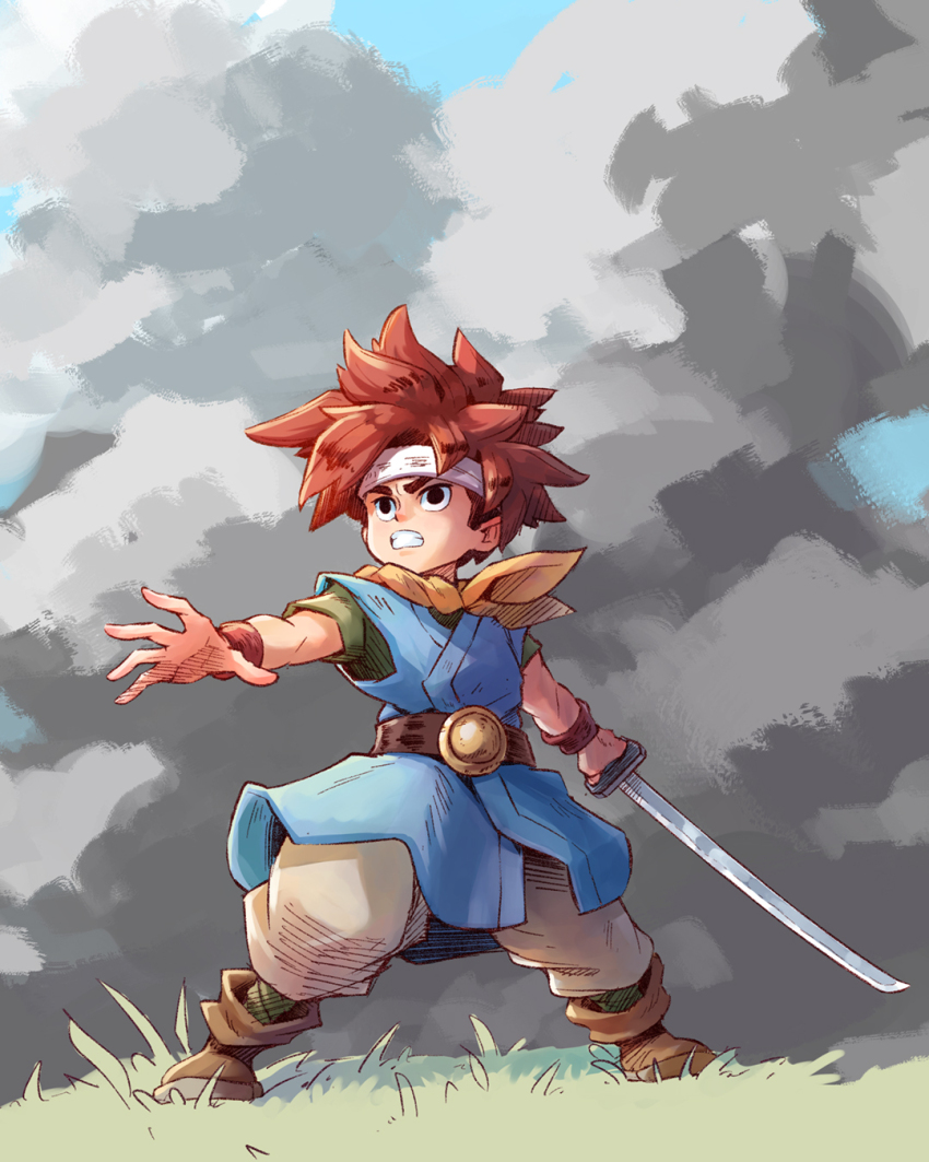 1boy baggy_pants belt black_eyes blue_tunic boots bracer brown_belt brown_boots chrono_trigger cloud cloudy_sky crono_(chrono_trigger) full_body green_sleeves headband highres holding holding_sword holding_weapon mosqi neckerchief orange_neckerchief pants red_hair short_sleeves sky spiked_hair sword tunic weapon white_headband