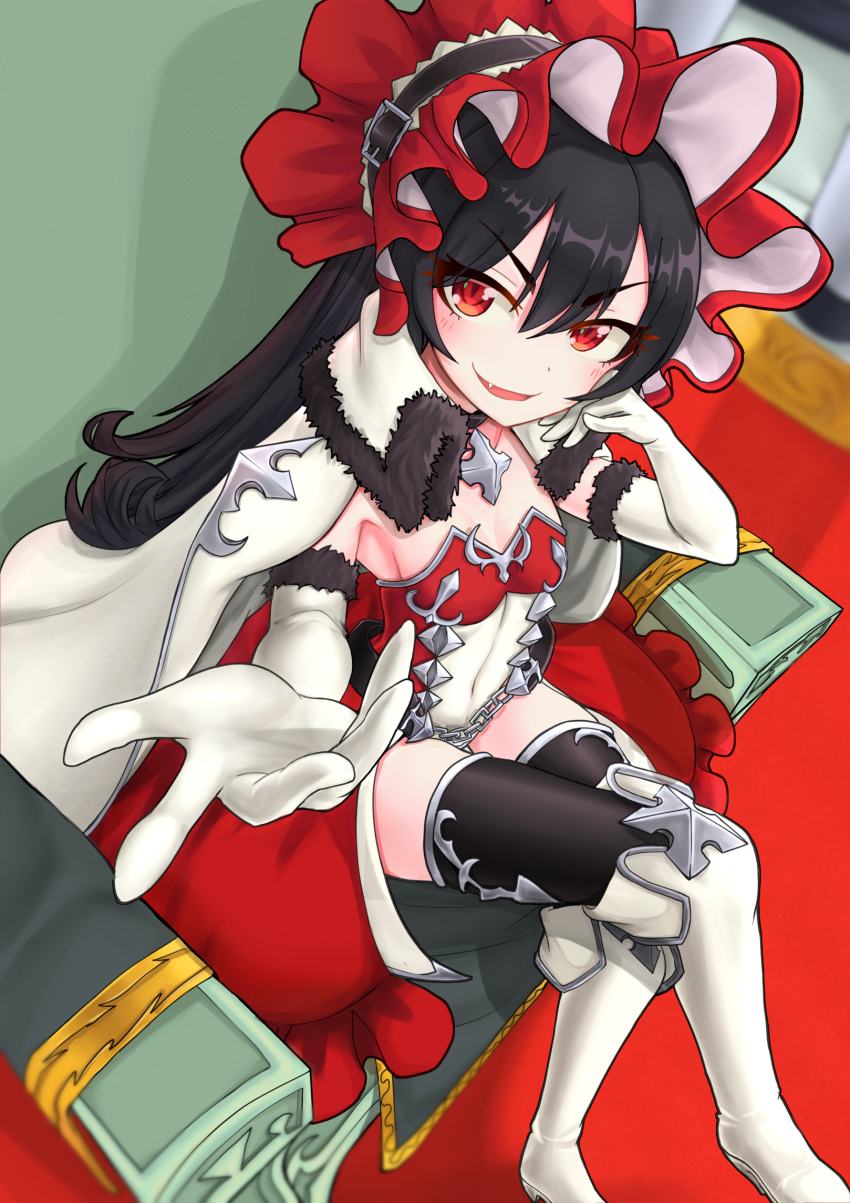 1girl black_hair black_thighhighs blush bonnet boots breasts cape chain cloak crossed_legs elbow_gloves fang frilled_bonnet frills full_body fur-trimmed_cape fur-trimmed_gloves fur_trim gloves gradient_eyelashes hair_between_eyes hand_on_own_face high_heel_boots high_heels highres illya_(princess_connect!) illya_(small)_(princess_connect!) kamikili leotard long_hair looking_at_viewer outstretched_arm parted_lips princess_connect! red_eyes sideboob sitting sitting_on_throne slit_pupils small_breasts smile solo thighhighs vampire white_boots