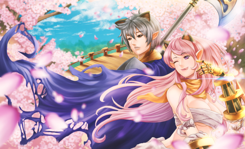 1boy 1girl :p absurdres animal_ears armor axe black_gloves blue_cape blue_sky breasts bridge cape cat_boy cat_ears cat_girl cherry_blossoms chest_sarashi cleavage closed_mouth cloud commentary commission danuuu english_commentary gauntlets gloves highres holding holding_axe large_breasts long_hair looking_afar one_eye_closed pauldrons petals pink_hair pointy_ears purple_eyes ragnarok_online royal_guard_(ragnarok_online) sarashi short_hair shoulder_armor sky smile sura_(ragnarok_online) tongue tongue_out torn_cape torn_clothes upper_body