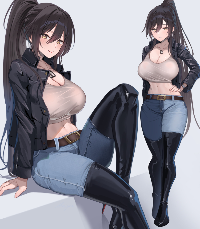 1girl black_boots black_hair black_jacket blush boots breasts cleavage closed_mouth denim dog_tags grey_sports_bra hair_between_eyes hand_on_own_hip high_heel_boots high_heels highres idolmaster idolmaster_shiny_colors jacket jeans large_breasts long_hair looking_at_viewer navel pants patent_boots patent_heels ponytail red_soles shirase_sakuya shougun_(chuckni1) sidelocks smile solo sports_bra stiletto_boots stiletto_heels thigh_boots yellow_eyes