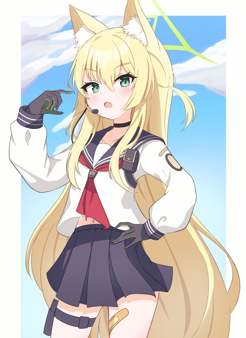 1girl :o animal_ear_fluff animal_ears bandaid_on_thigh black_choker black_gloves blonde_hair blue_archive blue_sailor_collar blue_sky blush border choker cloud collarbone commentary cowboy_shot day fang fox_ears gloves green_eyes green_halo hair_between_eyes halo hand_up headset highres kurumi_(blue_archive) leg_holster long_hair long_sleeves looking_at_viewer midriff_peek miniskirt navel neckerchief one_side_up open_mouth outside_border pleated_skirt red_neckerchief sailor_collar school_uniform serafuku shirt sidelocks skin_fang skindentation skirt sky solo thigh_strap very_long_hair vtitalianlion46 white_border white_shirt