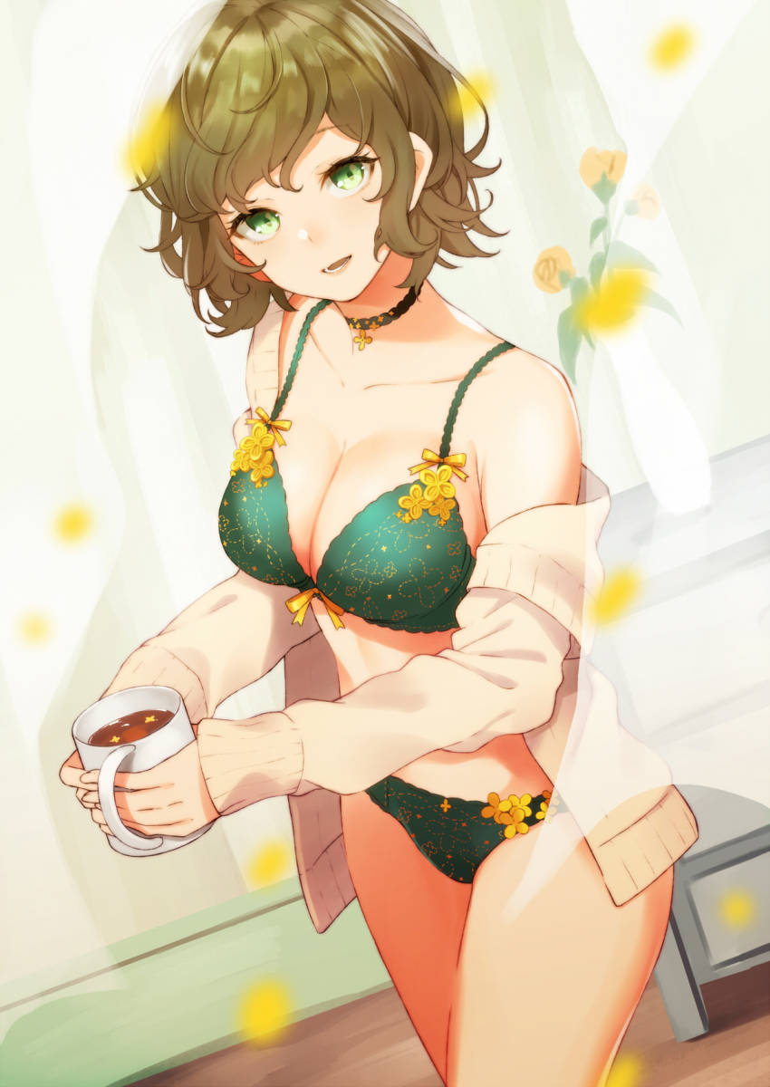 1girl :d bare_shoulders black_choker bra breasts brown_hair choker cleavage coffee coffee_mug collarbone commentary_request cowboy_shot cup curtains dutch_angle female_focus green_bra green_eyes green_panties highres holding holding_cup indoors jacket large_breasts long_sleeves looking_at_viewer motion_blur mug off_shoulder open_clothes open_jacket open_mouth original panties petals retsuna short_hair smile solo thighs underwear white_jacket