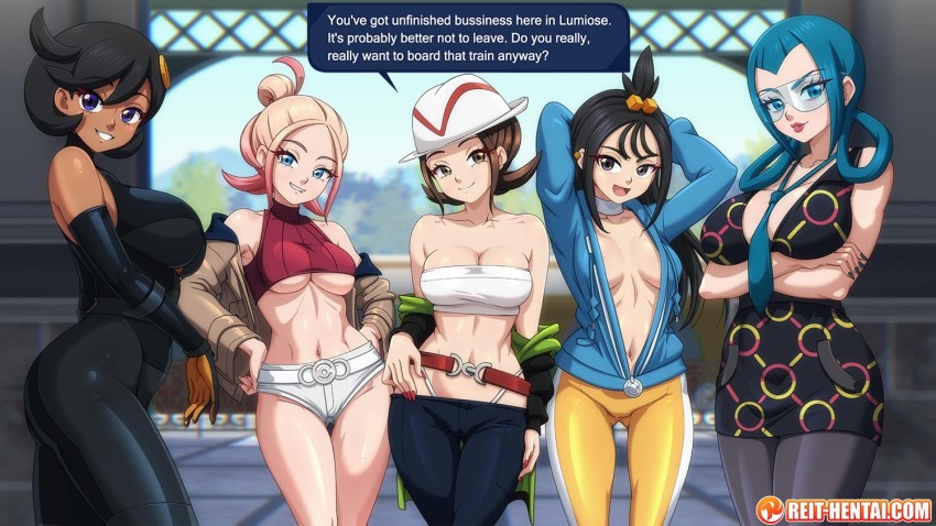 5girls :d aged_up armpits arms_up ass bare_shoulders belt black_belt black_bodysuit black_dress black_gloves black_hair black_pants black_pantyhose blonde_hair blue_eyes blue_hair blue_hoodie blue_nails blue_necktie blurry blurry_background bodysuit breasts brown_eyes brown_hair brown_jacket choker cleavage closed_mouth cloud cloudy_sky collarbone commentary cowboy_shot cowlick crop_top cropped_shirt crossed_arms cube_hair_ornament dark-skinned_female dark_skin day dress earclip emma_(pokemon) english_commentary english_text glasses gloves gradient_hair green_jacket grey_eyes grin groin hair_between_eyes hair_bun hair_ornament hair_rings hands_on_own_hips harmony_(pokemon) hat hood hood_down hoodie indoors jacket large_breasts latex latex_bodysuit leggings lida_(pokemon) lipstick long_hair long_sleeves looking_at_viewer mable_(pokemon) makeup medium_breasts micro_shorts multicolored_hair multiple_girls navel necktie nintendo no_jacket off_shoulder open_clothes open_jacket open_mouth orange_gloves orange_leggings paid_reward_available pants pantyhose parted_bangs pink_hair pokemon pokemon_legends:_z-a red_nails red_shirt reit ribbed_shirt safety_glasses shirt short_hair shorts sidelocks sky sleeveless sleeveless_bodysuit sleeveless_shirt smile speech_bubble standing stomach strapless striped_hat swept_bangs taunie_(pokemon) teeth thigh_gap topknot train_station tube_top turtleneck turtleneck_shirt two-tone_gloves two-tone_legwear underboob unzipped watermark web_address white_choker white_hat white_leggings white_shorts white_tube_top wispy_bangs zipper_pull_tab