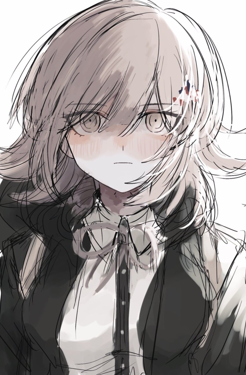 1girl blush breasts brown_hair collared_shirt danganronpa_(series) danganronpa_2:_goodbye_despair flipped_hair galaga hair_ornament highres hood jacket large_breasts long_sleeves looking_at_viewer medium_hair nanami_chiaki neck_ribbon open_clothes open_jacket pink_eyes pink_ribbon ribbon sagara_(2332kcal) shirt simple_background solo spaceship_hair_ornament unfinished upper_body white_shirt