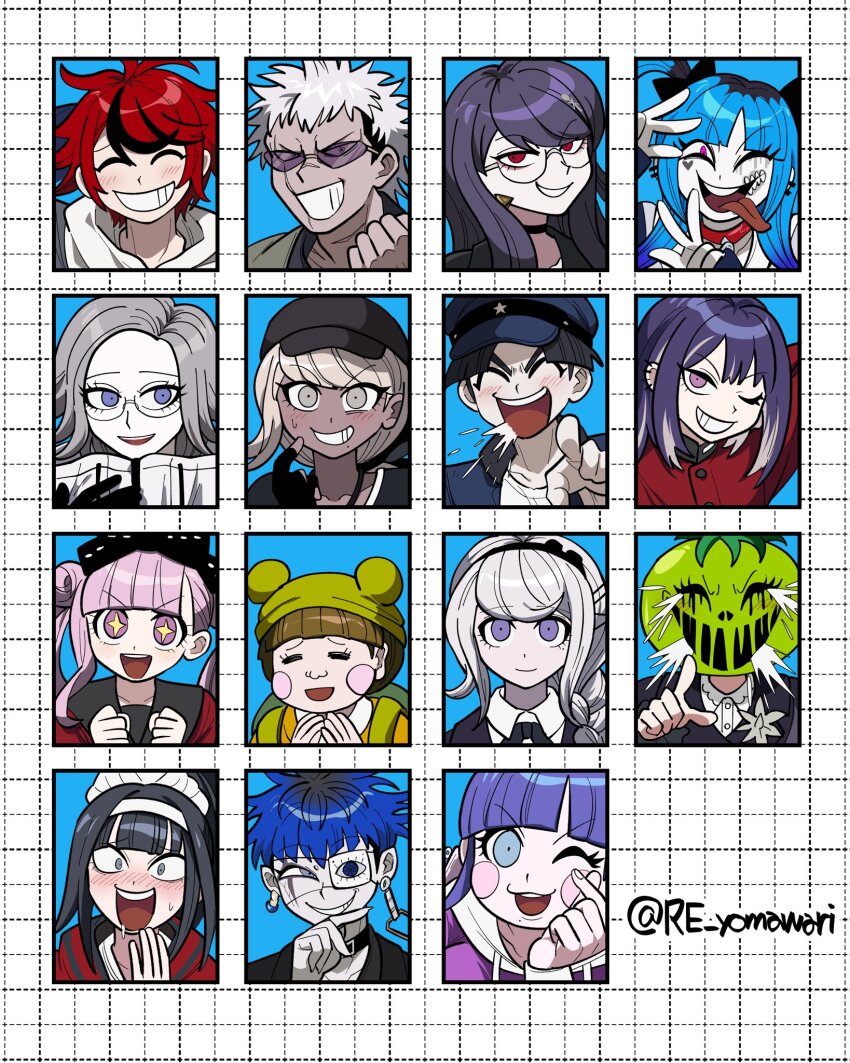 +_+ 6+boys 6+girls ^_^ amemiya_darumi aotsuki_eito black_choker black_hair black_hairband black_hat blue_hair blue_hat choker clenched_hands closed_eyes dark-skinned_female dark-skinned_male dark_skin eyepatch furukawa_(yomawari) ginzaki_shouma glasses green_hat grey_hair grin hairband hashtag-only_commentary hat highres jacket kawana_tsubasa kirifuji_nozomi laughing long_hair magadori_kyoshika makeup maruko_gaku mojiro_moko multicolored_hair multiple_boys multiple_girls omokage_yugamu one_eye_closed oosuzuki_kurara open_mouth pink_hair pointing pointing_at_viewer purple_hair red_eyes red_hair red_jacket runny_makeup school_uniform shizuhara_hiruko simple_background smile streaked_hair sumino_takumi sunglasses the_hundred_line_-last_defense_academy- tongue tongue_out tsukumo_ima tsukumo_kako twitter_username white_hairband yakushiji_takemaru