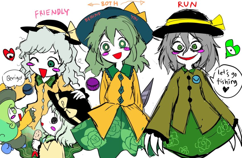 5girls arrow_(symbol) black_headwear blush_stickers bright_pupils buttons clinging colored_skin english_text floral_print food green_eyes green_hair green_skirt grey_hair hat highres himuhino holding holding_knife horror_(theme) knife koishi_komeiji&#039;s_heart-throbbing_adventure komeiji_koishi light_green_hair long_sleeves multiple_girls multiple_persona nicetack_(style) parody rose_print shirt shrimp shrimp_tempura simple_background skirt speech_bubble style_parody subterranean_animism tan_tan_pou tempura third_eye touhou urban_legend_in_limbo white_skin yellow_shirt