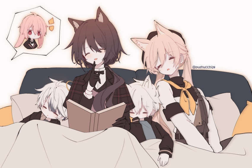 2girls 3boys adnachiel_(arknights) aged_down animal_ear_fluff animal_ears ansel_(arknights) ansel_(nighttime_cafe)_(arknights) arknights bed beret black_gloves black_hat black_jacket blanket blonde_hair brown_hair capelet cardigan_(arknights) cardigan_(sunny_day)_(arknights) cat_ears closed_eyes commentary cropped_torso dog_ears english_commentary finger_to_mouth fox_ears gloves green_shirt halo hat highres jacket lop_rabbit_ears melantha_(arknights) melantha_(letters_from_wessex)_(arknights) multiple_boys multiple_girls neckerchief open_mouth pillow pink_hair plaid_capelet plaid_clothes pushu rabbit_ears red_eyes shirt shushing simple_background sleeping sleeping_on_person smile speech_bubble steward_(arknights) surprised tilted_halo traditional_halo twitter_username white_background white_hair white_shirt yellow_neckerchief