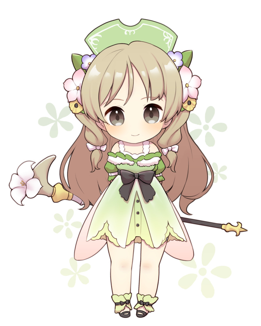 1girl arms_behind_back atelier_(series) atelier_ayesha ayesha_altugle bare_shoulders blonde_hair bow brown_eyes chibi closed_mouth commentary_request dress flower full_body green_dress green_hat hair_flower hair_ornament hat highres holding holding_staff kinakonato long_hair looking_at_viewer off-shoulder_dress off_shoulder pink_flower shoes smile solo staff standing waist_bow yellow_flower