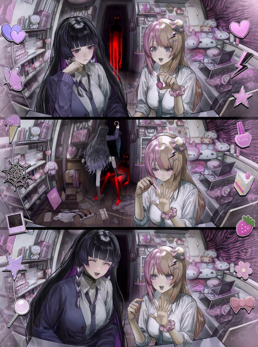 1other 2girls absurdres applying_manicure bag bedroom blue_eyes blue_necktie blunt_bangs braid bug butterfly cable cake cake_slice candy cardigan clothes_on_bed coffee_mug collared_shirt colored_inner_hair computer cosmetics cup earrings extension_cord food fruit gradient_hair gyaru hair_bun hair_ornament hair_scrunchie heart hello_kitty highres hime_cut holding holding_umbrella ice_cream ikuta41 imminent_stabbing insect jewelry kotoka_torahime kotoka_torahime_(1st_costume) kuromi laptop lightning_bolt_symbol lollipop long_hair meloco_kyoran meloco_kyoran_(1st_costume) messy_room monster mug multicolored_hair multiple_girls my_melody nail_polish nail_polish_bottle necktie nijisanji nijisanji_en notebook open_collar open_mouth picture_frame polaroid_photo purple_eyes purple_hair purple_necktie rilakkuma sanrio school_bag school_uniform scrunchie sequential shelf shirt side_braid side_up_bun sidelocks sleeves_rolled_up smile split-color_hair star_(symbol) strawberry stuffed_animal stuffed_toy teddy_bear time_lapse two-tone_hair umbrella unworn_clothes very_long_hair white_shirt wrist_scrunchie x_hair_ornament
