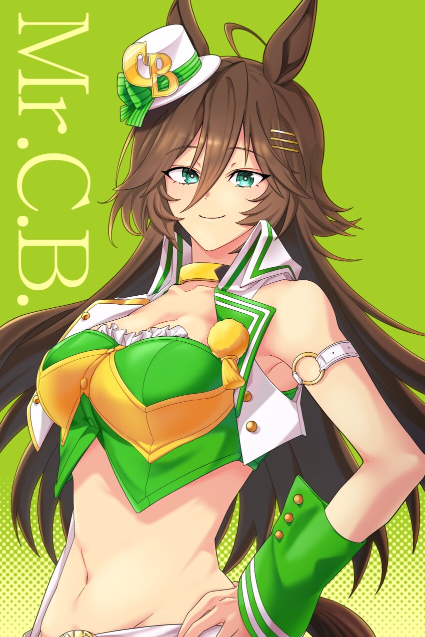 1girl absurdres ahoge animal_ears armband breasts brown_hair character_name choker cleavage closed_mouth cropped_jacket green_background green_eyes groin hair_between_eyes hair_ornament hairclip halftone halftone_background hand_on_own_hip hat highres horse_ears horse_girl horse_tail jacket long_hair looking_at_viewer medium_breasts midriff mini_hat mini_top_hat mr._c.b._(umamusume) navel shirt single_wrist_cuff smile solo strapless strapless_shirt tail top_hat umamusume white_jacket wrist_cuffs yangmal_(uma_red_sheep)
