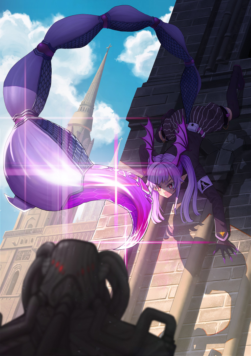 1girl absurdres arknights black_gloves elite_ii_(arknights) fur-trimmed_jacket fur_trim gloves hair_ornament head_wings highres jacket long_hair long_sleeves manticore_(arknights) manticore_(elite_ii)_(arknights) official_alternate_costume pink_wings pointy_ears purple_eyes purple_hair rhodes_island_logo_(arknights) scorpion_tail tail twintails user_cnfd7427 wings