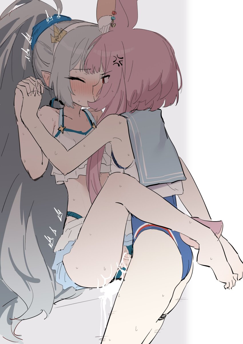2girls absurdres anger_vein animal_ear_fluff animal_ears ass bar_censor bare_arms barefoot bikini blue_one-piece_swimsuit blush breasts censored clothed_sex commentary_request cum cum_in_pussy cum_overflow cum_pool erection feet female_tyrant_(stella_sora) frilled_bikini frills from_side futa_with_female futanari grey_hair hairband highres holding_hands interlocked_fingers karin_(stella_sora) kiss long_hair makura_u9b multiple_girls one-piece_swimsuit open_mouth penis pink_hair pointy_ears rabbit_ears rabbit_girl rabbit_tail red_eyes sex shirt sitting sleeveless sleeveless_shirt small_breasts stella_sora swimsuit tail tyrant_(stella_sora) vaginal very_long_hair white_bikini white_hairband white_shirt