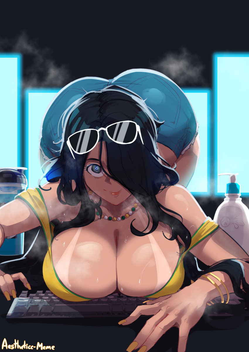 1girl @_@ absurdres aestheticc-meme ass bangle bead_necklace beads bikini_tan black_hair blue_shorts bracelet brazilian_miku brazilian_miku_(cosplay) brazilian_sadako breast_rest breasts breasts_on_table cleavage commentary computer_keyboard cosplay crawling curvy cutoffs dark-skinned_female dark_skin denim denim_shorts english_commentary eyewear_on_head fake_nails fingernails hair_over_one_eye hatsune_miku highres huge_ass huge_breasts jewelry large_breasts long_fingernails long_hair looking_at_viewer lotion_bottle multiple_bracelets narrow_waist naughty_face necklace no_bra off_shoulder plunging_neckline screen_light shirt shorts smile solo strap_slip sunglasses sweat tan tanline the_ring through_medium through_screen top-down_bottom-up very_long_hair vocaloid white-framed_eyewear wide_hips yamamura_sadako yellow_nails yellow_shirt