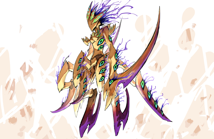 1other alien arm_blade colored_skin extra_legs faceless fate/grand_order fate_(series) highres horns kankan33333 multicolored_skin ort_(type-moon) simple_background solo tendril weapon