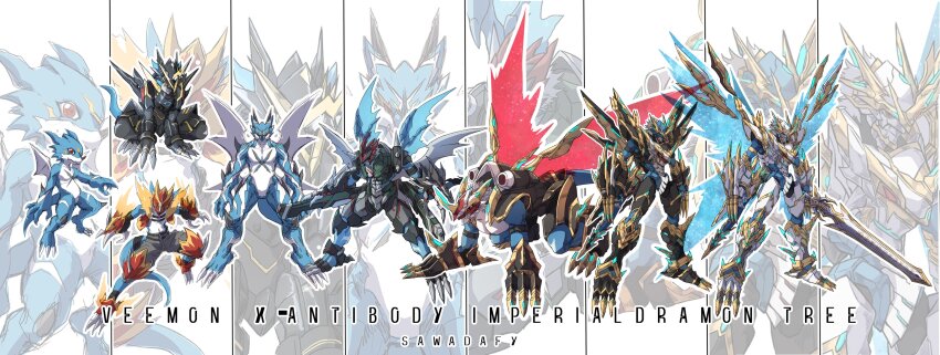 absurdres armor digimon digimon_(creature) dragon fladramon fusion highres imperialdramon imperialdramon_dragon_mode imperialdramon_fighter_mode imperialdramon_paladin_mode lighdramon oridigi original paildramon solo sword tail v-mon weapon x-antibody xv-mon