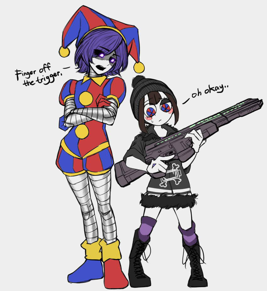 2girls absurdres asymmetrical_footwear asymmetrical_gloves beanie black_footwear black_hat black_jacket black_sclera blue_footwear blue_gloves blush_stickers boots bright_pupils brown_hair closed_mouth colored_sclera colored_skin commentary company_connection cosplay costume_switch crossed_arms crossover english_commentary english_text eyes_visible_through_hair fewer_digits full_body fur-trimmed_jacket fur_trim gloves grey_skin gun hat hat_bell highres holding holding_gun holding_weapon humanoid_robot jacket jester_cap jester_costume kneehighs lace-up_boots light_frown looking_at_another looking_at_object m4skedboi mismatched_footwear mismatched_gloves multicolored_eyes multicolored_hat multiple_girls murder_drones open_mouth pom_pom_(clothes) pom_pom_beanie pomni_(the_amazing_digital_circus) pomni_(the_amazing_digital_circus)_(cosplay) purple_eyes purple_hair purple_socks purple_thighhighs railgun red_footwear red_gloves robot short-sleeved_jacket short_sleeves single_kneehigh single_sock single_thighhigh socks standing sweatdrop the_amazing_digital_circus thighhighs trigger_discipline two-tone_eyes two-tone_hat uzi_(murder_drones) uzi_(murder_drones)_(cosplay) weapon white_background white_skin