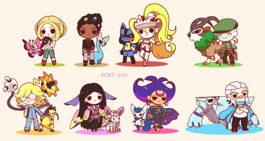4boys 4girls :d :o ahoge amaura artist_name avalugg black_dress black_footwear black_hair black_shirt black_shorts blonde_hair blue_coat blue_jumpsuit blue_pants blush blush_stickers brown_footwear camera cape chibi clemont_(pokemon) clenched_hands closed_eyes closed_mouth coat commentary crossed_arms dark-skinned_female dark-skinned_male dark_skin dress earrings english_commentary eyelashes facial_hair fang fingerless_gloves full_body game_freak gen_4_pokemon gen_6_pokemon glasses gloves gogoat grant_(pokemon) green_footwear green_hat green_shirt grey_pants hair_ornament half-closed_eyes hand_on_own_hip hat heliolisk helmet highres holding holding_camera holding_scissors jewelry jumpsuit koki_arts korrina_(pokemon) long_hair lucario mechanical_arms meowstic meowstic_(female) multiple_boys multiple_girls nintendo olympia_(pokemon) opaque_glasses open_clothes open_coat open_mouth outstretched_arm pants pointing pokemon pokemon_(creature) pokemon_xy purple_hair ramos_(pokemon) red_eyes roller_skates round_eyewear scissors shirt short_hair shorts simple_background single_mechanical_arm skates sleeveless sleeveless_shirt smile space_print standing standing_on_one_leg star_(symbol) star_earrings starry_sky_print sylveon valerie_(pokemon) very_long_hair viola_(pokemon) vivillon vivillon_(meadow) white_dress white_footwear white_gloves white_hair white_helmet white_shirt wulfric_(pokemon)