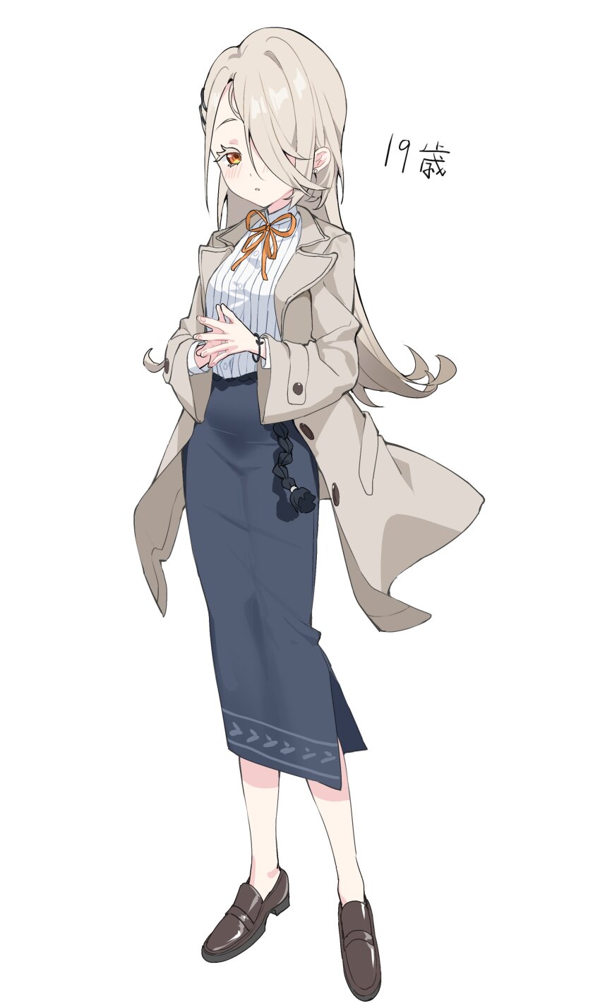 1girl absurdres black_rope black_skirt bracelet brown_jacket brown_shoes coat collared_shirt colored_eyelashes commentary gakuen_idolmaster hair_ornament hair_over_one_eye hairclip highres idolmaster jacket jewelry loafers long_hair long_skirt looking_at_viewer open_clothes open_coat orange_eyes orange_ribbon own_hands_together parted_lips ribbon rope rope_belt shinosawa_hiro shirt shoes simple_background skirt solo striped_clothes striped_shirt swept_bangs tamago_(eva1314056) thick_eyelashes translated white_background white_shirt