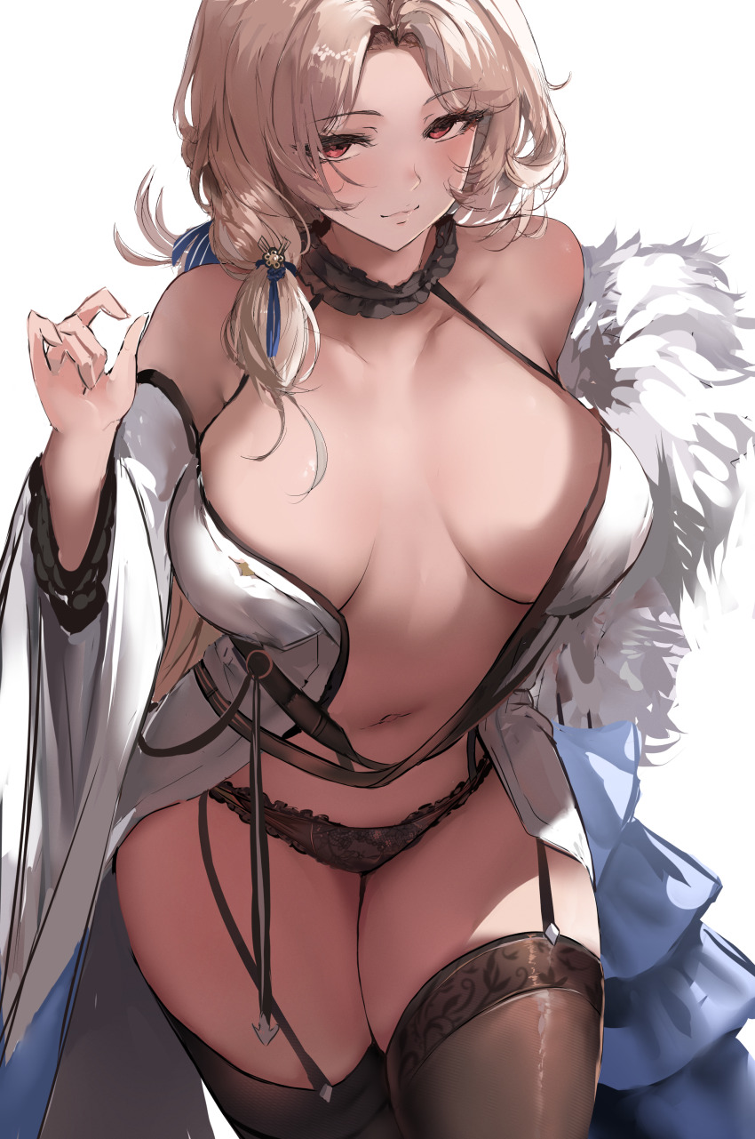 1girl absurdres bare_shoulders black_garter_straps black_panties black_thighhighs blonde_hair breasts cleavage closed_mouth collarbone commentary cowboy_shot english_commentary garter_straps goddess_of_victory:_nikke highres large_breasts liaowen long_hair long_sleeves looking_at_viewer ludmilla_(nikke) ludmilla_(winter_owner)_(nikke) navel off_shoulder official_alternate_costume panties red_eyes simple_background smile solo thighhighs thighs underwear white_background wide_sleeves