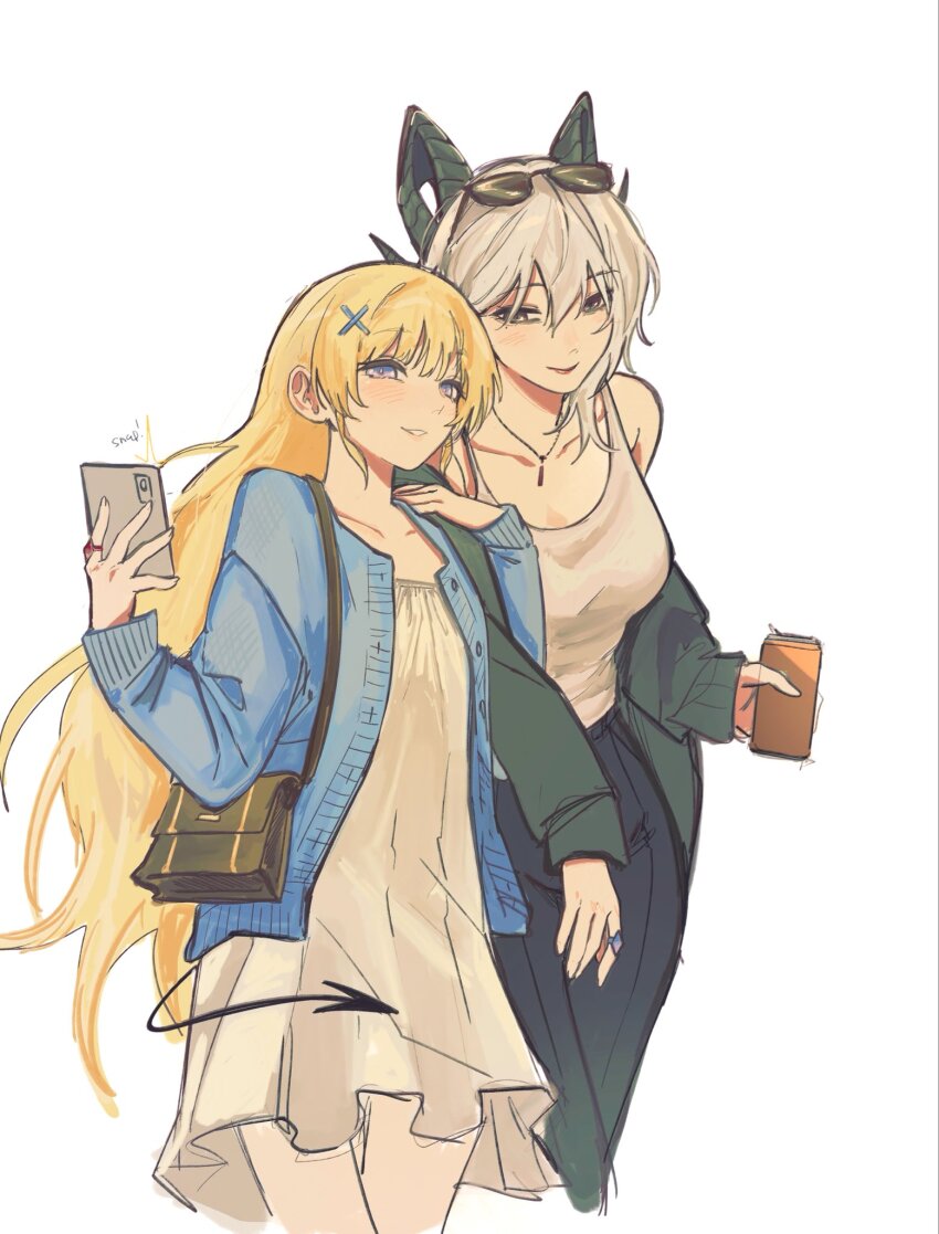 2girls bag black_pants blonde_hair blue_cardigan blush can cardigan cellphone commentary demon_tail dress english_commentary eyewear_on_head grey_hair handbag highres holding holding_can holding_phone horns jewelry locked_arms long_hair magqotq multiple_girls necklace pants parted_lips phoebe_(wuthering_waves) phone purple_eyes ring simple_background smartphone smile sunglasses tail tank_top white_background white_dress white_tank_top wuthering_waves yuri zani_(wuthering_waves)