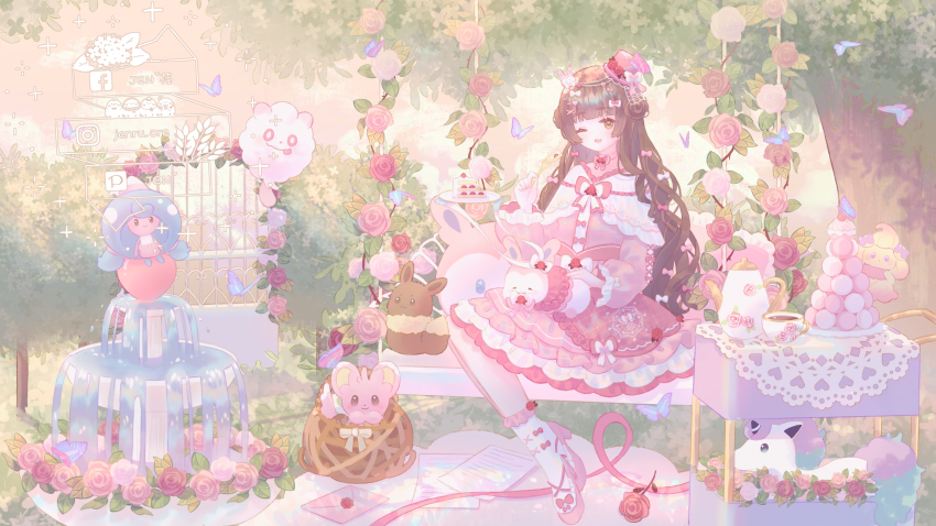 1girl alcremie alcremie_(ribbon_sweet) alcremie_(ruby_swirl) alternate_color bow brown_eyes brown_hair bug bush butterfly capelet cup day dress eevee facebook_logo flower food fountain galarian_form galarian_ponyta gen_1_pokemon gen_5_pokemon gen_6_pokemon gen_8_pokemon hair_bow hat hattrem highres insect jen03426859 long_hair minccino mini_hat nintendo original outdoors pink_bow pink_dress pink_flower pink_hat pink_rose pokemon pokemon_(creature) rose shiny_pokemon sitting swirlix sylveon tea teacup teapot tree white_capelet white_footwear