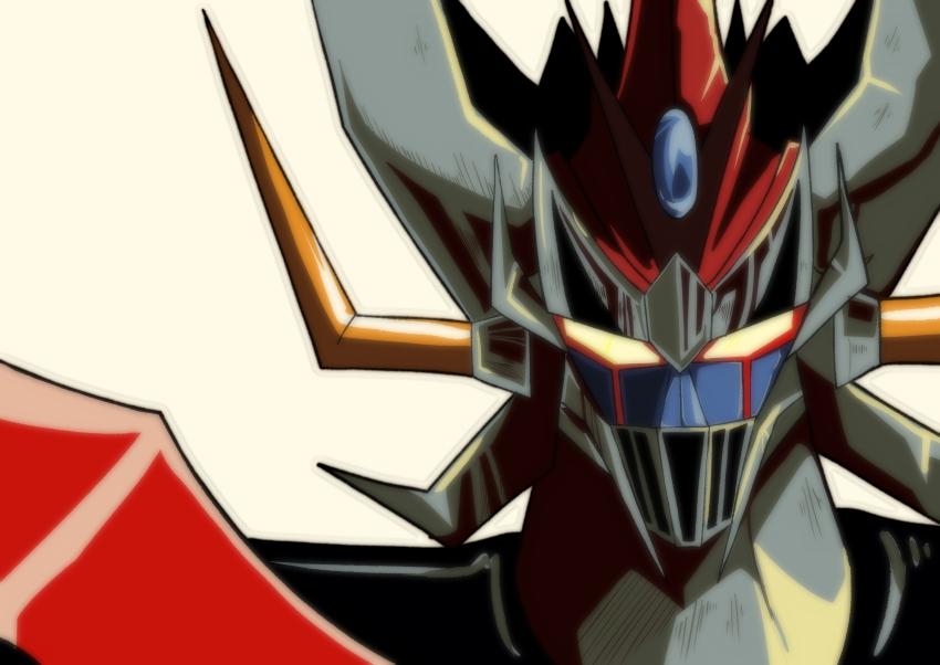 1990s_(style) blue_gemstone commentary_request gem grey_background highres looking_at_viewer mazinger_(series) mazinkaiser mazinkaiser_(robot) mecha mecha_focus miwijag1997 no_humans retro_artstyle robot simple_background solo