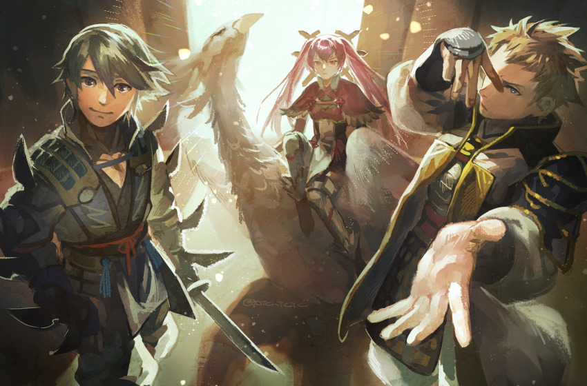 1girl 2boys absurdres arm_blade armor beak bird blonde_hair blue_eyes boots chuunibyou fire_emblem fire_emblem_fates fur_trim gate gloves grey_hair hand_over_eye highres holding holding_sword holding_weapon japanese_armor japanese_clothes laslow_(fire_emblem) long_hair looking_at_viewer multiple_boys ninja nintendo non-web_source odin_(fire_emblem) picnicic portal_(object) red_eyes red_hair riding riding_bird samurai selena_(fire_emblem_fates) short_hair simple_background sword twintails weapon white_bird