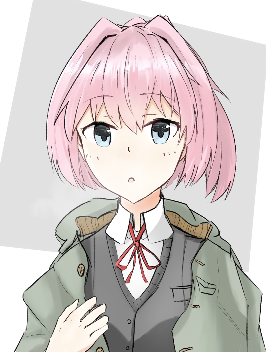 1girl absurdres blue_eyes coat collared_shirt green_coat grey_vest hair_between_eyes hair_intakes highres kantai_collection lesoa looking_at_viewer neck_ribbon open_mouth pink_hair red_ribbon ribbon shiranui_(kancolle) shirt short_hair solo upper_body vest white_shirt